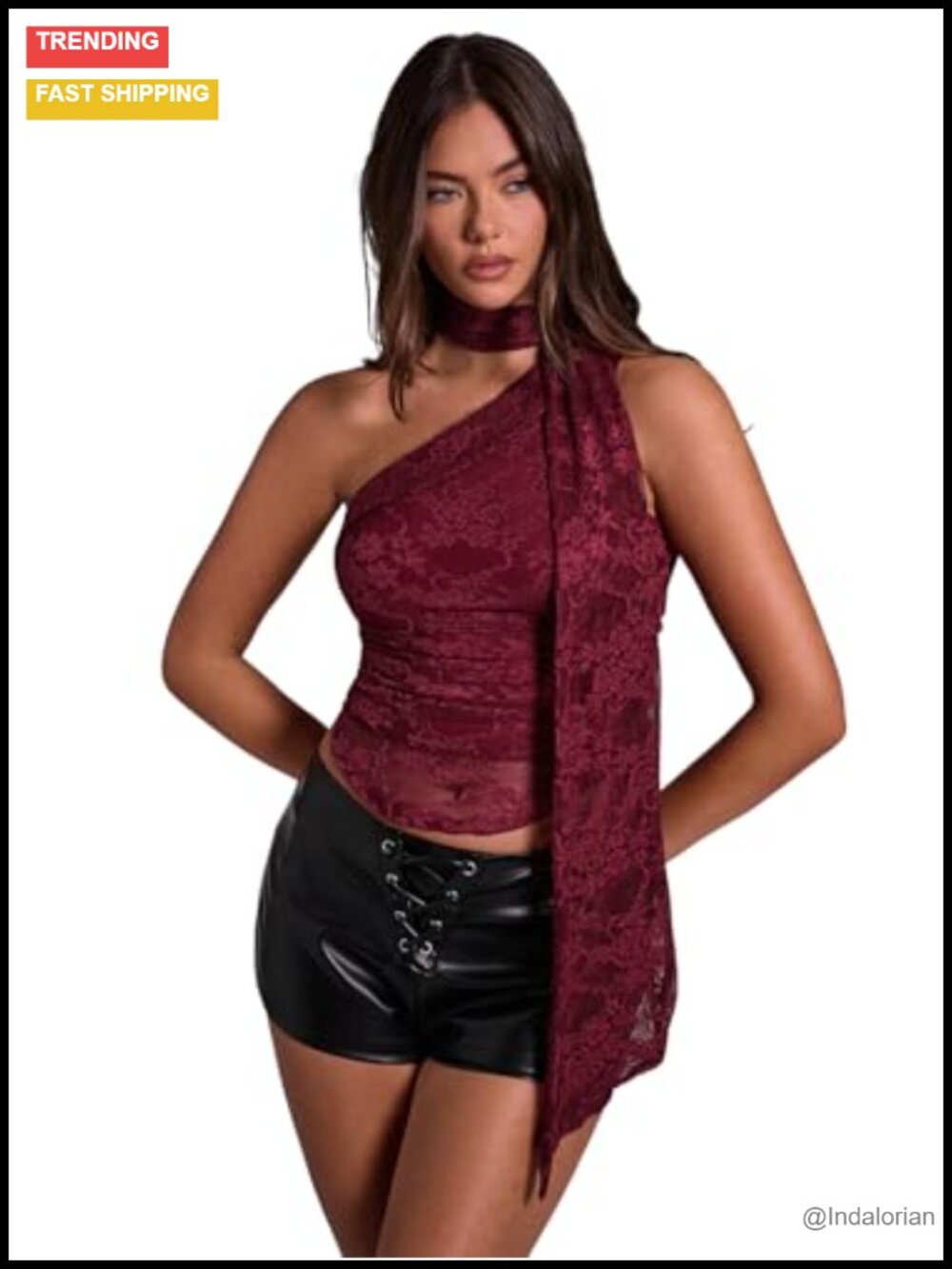 Floral Lace One Shoulder Ruched Sleeveless Tank Top Slim Fit